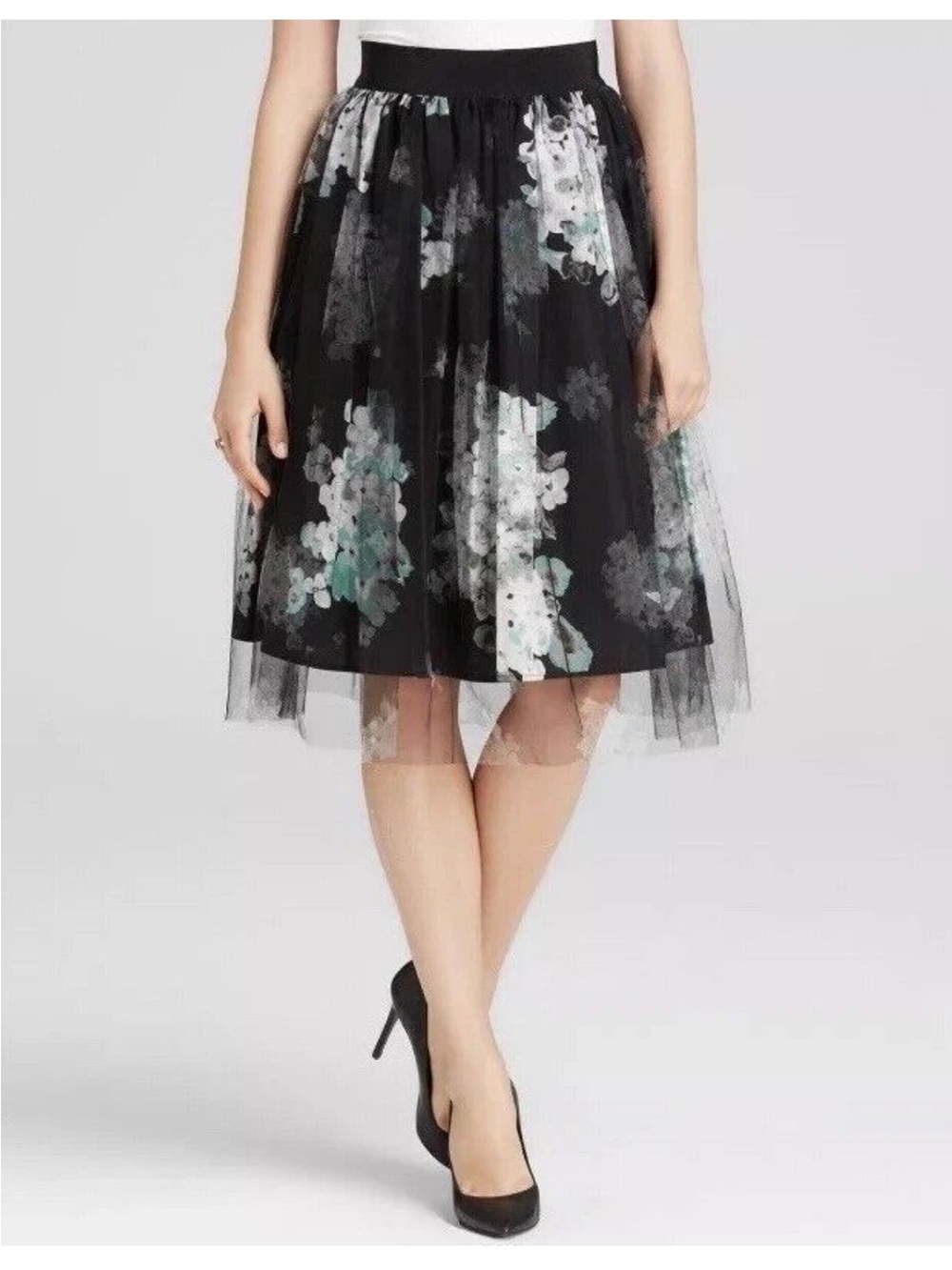 Milly Monica Skirt Black Floral Tulle Midi A-Line Wedding Guest Approx Size 0